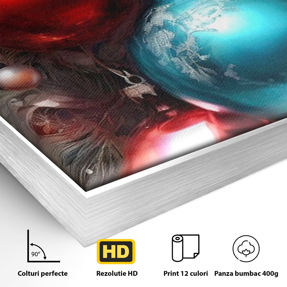 Detaliu al suprafetei: tablou canvas cu globuri de craciun, in rama de aluminiu argintiu